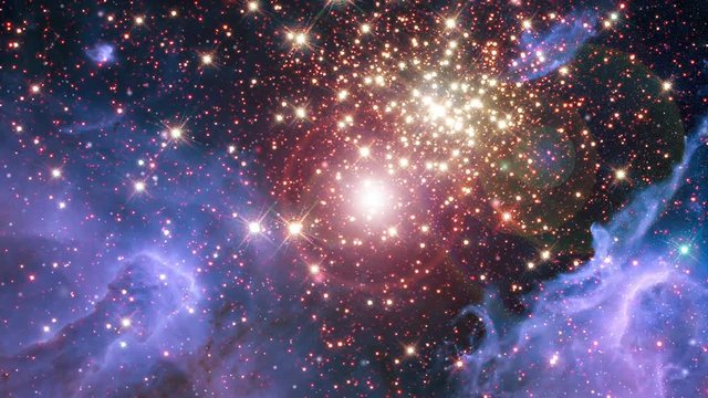 Purple nebula star field animation with moving stars nursery and flare light. Contains public domain image by NASA