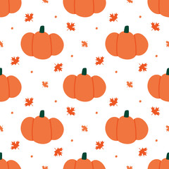 Cute vector seamless pattern background for autumn and thanksgiving day design with pumpkins, maple leaves and dots.