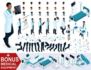 Isometric Doctor African American, create your 3D surgeon, sets of gestures of legs and hands, emotions and hairstyles. Bonus medical equipment, set 3