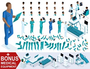 Isometric Doctor African American, create your 3d paramedic, sets of gestures of legs and hands, emotions and hairstyles. Bonus medical equipment, set 3