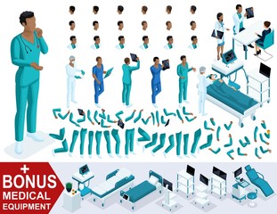 Isometric Doctor African American, create your 3d paramedic, sets of gestures of legs and hands, emotions and hairstyles. Bonus medical equipment, set 2