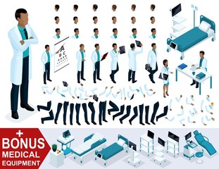 Isometric Doctor African American, create your 3D surgeon, sets of gestures of legs and hands, emotions and hairstyles. Bonus medical equipment, set 4