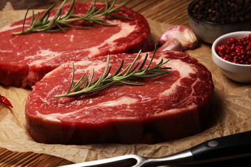 Steak raw. Barbecue Rib Eye Steak, dry Aged Wagyu Entrecote Steak.