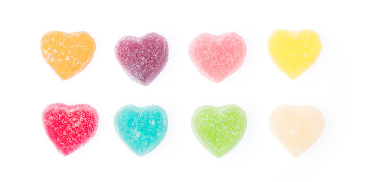 Colorful heart shape jellys isolated on white background