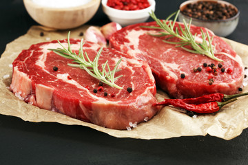Steak raw. Barbecue Rib Eye Steak, dry Aged Wagyu Entrecote Steak.