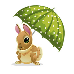 Cute rabbit under a green umbrella isolated on white background. Vector illustration of cartoon brown hare.