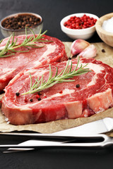 Steak raw. Barbecue Rib Eye Steak, dry Aged Wagyu Entrecote Steak.