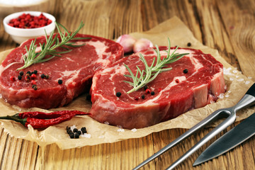 Steak raw. Barbecue Rib Eye Steak, dry Aged Wagyu Entrecote Steak.