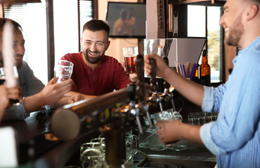 Friends drinking beer at counter in bar