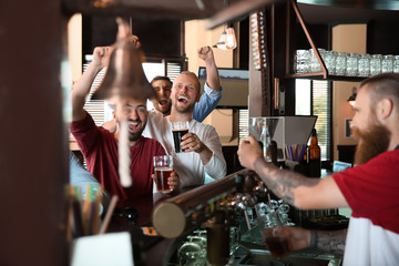 Friends drinking beer at counter in bar