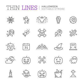 Collection of halloween related line icons. Editable stroke