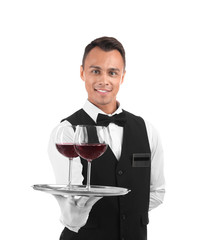 Waiter holding metal tray with glasses of wine on white background