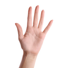 Woman giving high five on white background, closeup