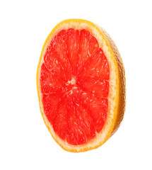 Slice of ripe juicy grapefruit on white background