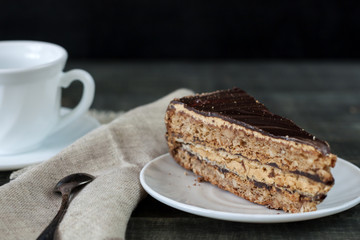 Tasty piece of chocolate cake on wooden table background