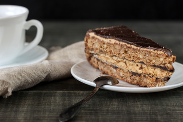 Tasty piece of chocolate cake on wooden table background