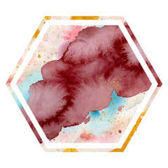Fototapeta na wymiar Watercolor gold frame in soft pastel pink colors. Polygonal shape. Place for your text