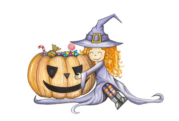 watercolor illustration with the lovely little witch and pumpkin with candies. 