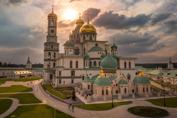 Istra, Russia - July, 2017. Famous New Jerusalem monastery. Sunset view.