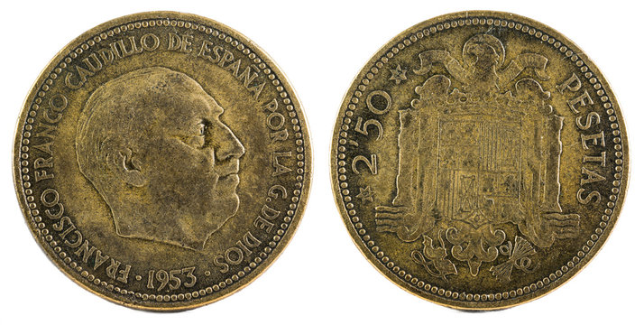 Old Spanish coin of 2,50 pesetas, Francisco Franco. Year 1953, 19 54 in the stars.