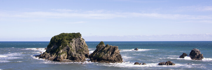 Fototapeta na wymiar Panorama view on the beautiful New Zealand west coastal area, with the Tasman Sea, rocks, blue water and a clear sky. This is a rough, untamed and sparsely populated region of the South Island