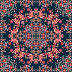 Russian scarf with floral border, bouquets of flowers and paisley. Lovely tablecloth. Carpet. Ethnic bandana print. Pillowcase. Print for fabric. Kerchief square design pattern.