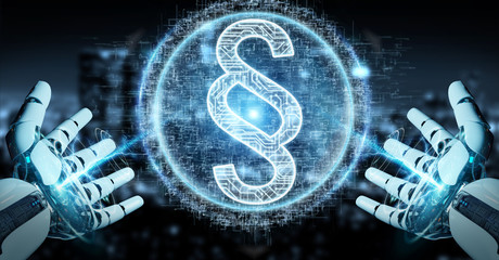 White robot hand using law paragraph digital hologram 3D rendering