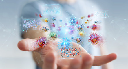 Businessman analyzing bacteria microscopic close-up 3D rendering