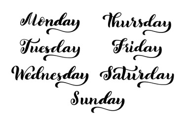 Big calligraphic set days of the week. Monday, Tuesday, Wednesday, Thursday, Friday, Saturday and Sunday handdrawn lettering for calendars. Vector illustration.