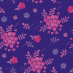 Seamless natural autumn pattern. Flowers and leaves, isolated on dark blue background.