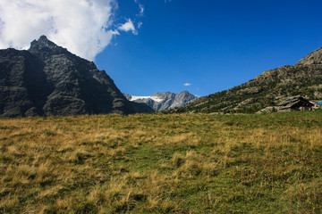 Paesaggio di montagna in estate erba verde contrasto cielo blu