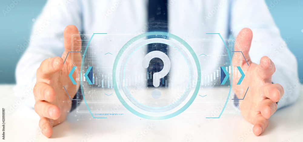 Poster man holding a technology question mark icon on a circle 3d rendering