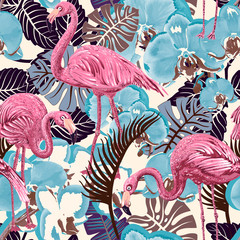Naklejki  Flaming na kolorowym tle. Wzór z flamingów i roślin tropikalnych. Kolorowy wzór na tekstylia, okładki, papier pakowy, web