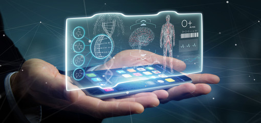 Businessman holding a Futuristic template interface hud