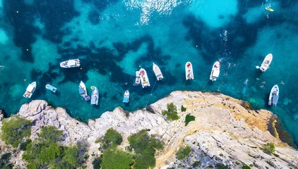 Peel and stick wall murals Aerial view beach Yachts at the sea in France. Aerial view of luxury floating boat on transparent turquoise water at sunny day. Summer seascape from air. Top view from drone. Travel concept and idea