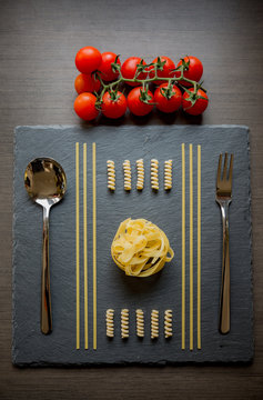 Italian Pasta Knolling / Assorted Dried Pasta On Stone Plate