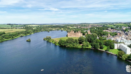 Fototapeta na wymiar Aerial view of Linlithgow Abbey and the ruins of Linlithgow Palace.