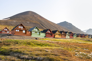 Fototapeta na wymiar Colorful wooden houses along the road in summer at Longyearbyen, Svalbard.