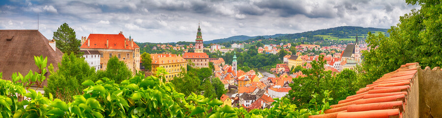 Naklejka na ściany i meble City landscape, panorama, banner - view over the historical part Cesky Krumlov with Vltava river in summer time, Czech Republic