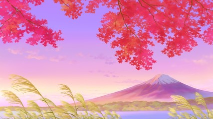 秋の日本の富士山ともみじ