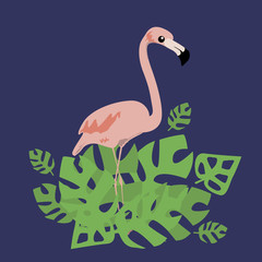 Pink flamingo and tropical leaves vector illustration
