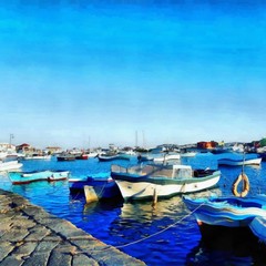 Oil painting. Art print for wall decor. Acrylic artwork. Big size poster. Watercolor drawing. Modern style fine art. Beautiful landscape.  Blue sky. Boats in the harbor. Tourist resort. Art for sale.