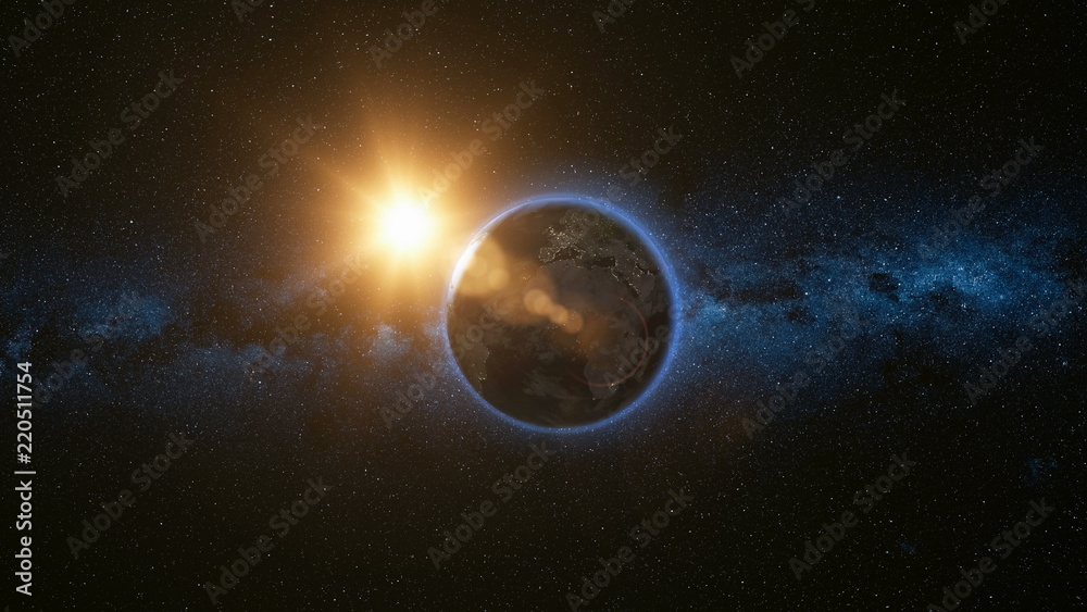 Canvas Prints space view on planet earth and sun star rotating on its axis in black universe. milky way in the bac
