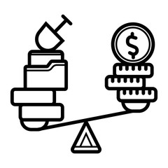 Money and house scales icon. Dollar coin and house balance on scale. Real estate sale
