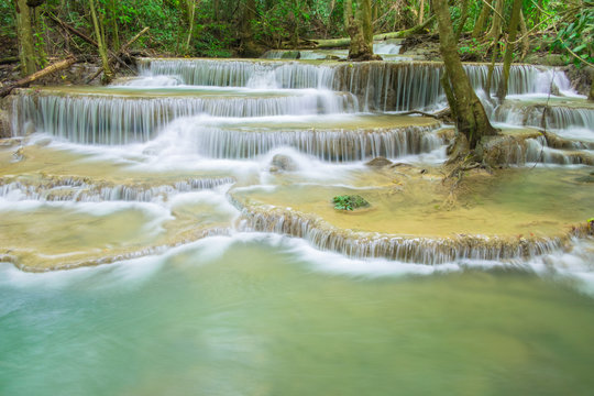 Fifth of Hauy mae khamin waterfall located in deep forest of Kanchanaburi province,Thailand. © amornchaijj