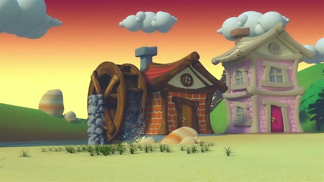 frontal view of house windmill a cartoon farm village - high quality 3d animation - loopable