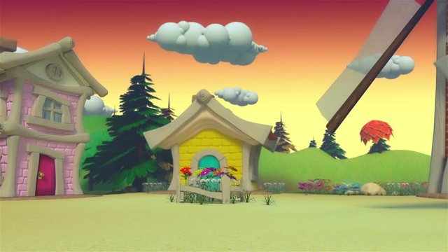 frontal view of house a cartoon farm village - high quality 3d animation - loopable