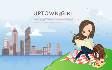 Cute girl painting city landscape picture at the mountain.