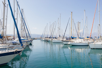 Marina port ships yachts in Agios Nikolaos bay, Crete, Greece