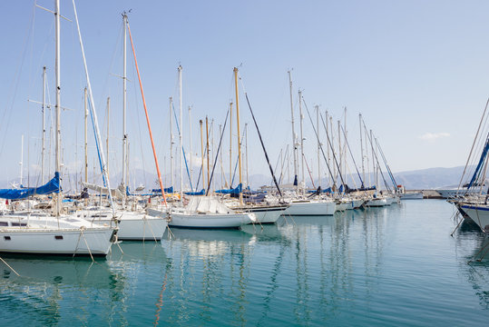 Marina port ships yachts in Agios Nikolaos bay, Crete, Greece